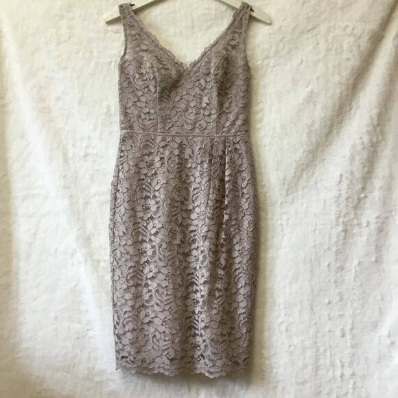 David Bridal Short Mocha Lace Dress with V-Neck - Picture 5 of 16